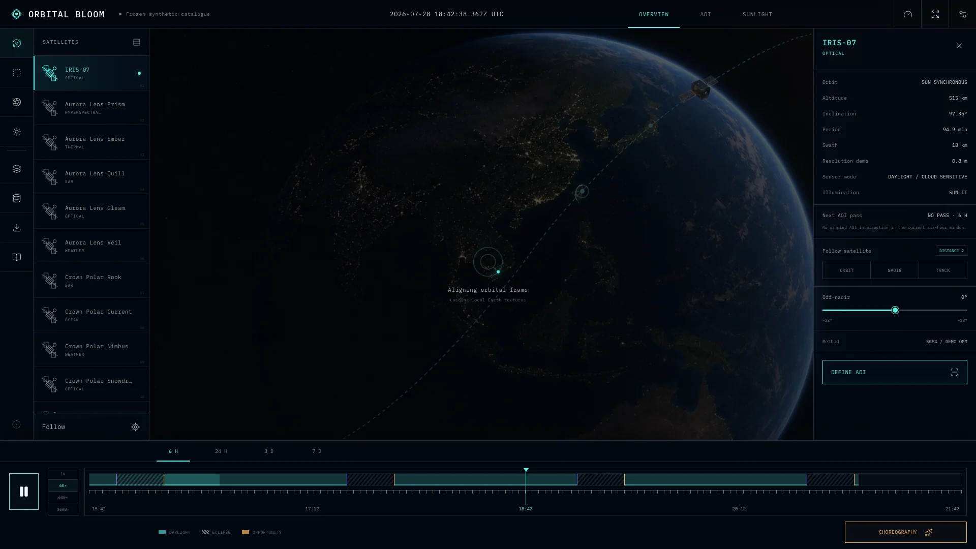 Interfejs Orbital Bloom z nocnym widokiem Ziemi, satelitą, katalogiem obiektów i osią czasu.